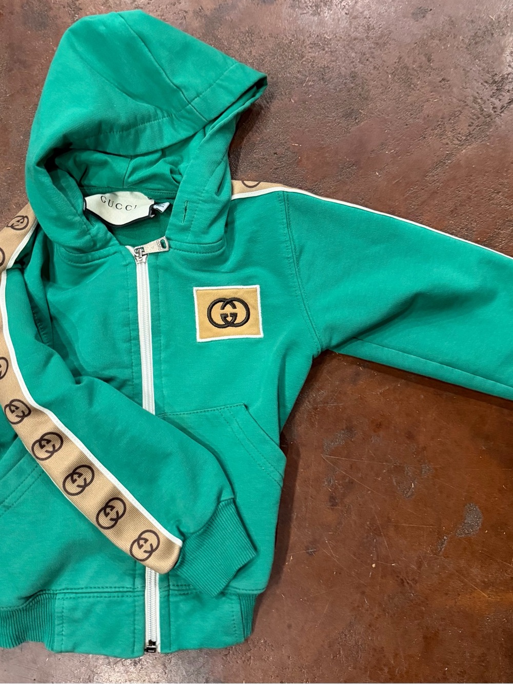 Gucci Kids Teal Zip-Up Hoodie with Logo Patch and Tape Sleeves